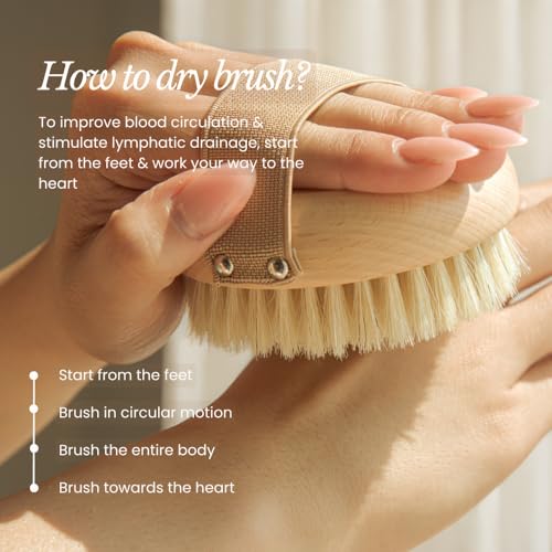 Bare Botanics Dry Brushing Body Brush for Lymphatic Drainage | Medium Firmness Cruelty Free Natural Boar Bristles Improves Circulation and Gently Exfoliates | Ergonomic Elastic Strap - size: Palm Dry Brush