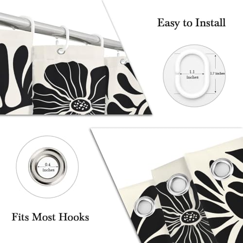 Black Floral Shower Curtain Stall Small Half Single Mini Boho Flower Farmhouse Vintage Gothic Abstarct Retro Funky Botanical Moody Fabric Cloth Bathroom Decor Set 36x72 inch Polyester 7 Hooks - color: Black, size: 36"W x 72"L (Pack of 1)