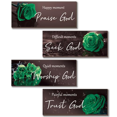 ONIZHITY 4Pcs Green Bathroom Decor Religious Wall Art Bible Verse Inspirational Rose Wall Decor Rustic Wooden Christian Sign for Home Bathroom Office Bedroom Living Room Kitchen(Green 10x4) - color: Green Rose