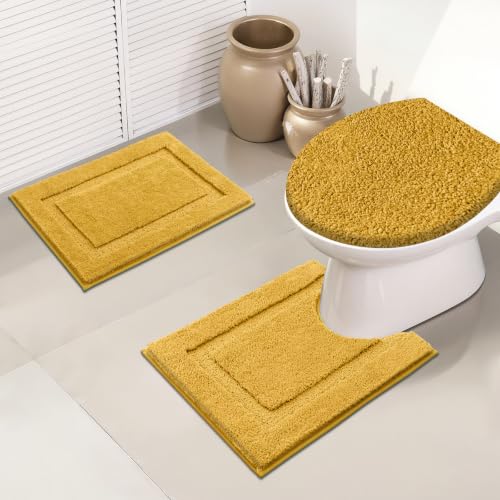 SHACOS 3 Pieces Bathroom Rugs with Toilet Lid Cover, Honey Mustard | Soft Absorbent, Non Slip, Washable, Microfiber, 16"x24"+U-Shape 20"x24"+Lid Cover19"x21" - color: Honey Mustard, size: 16"x24"+U-Shape 20"x24"+Lid Cover 19"x21"