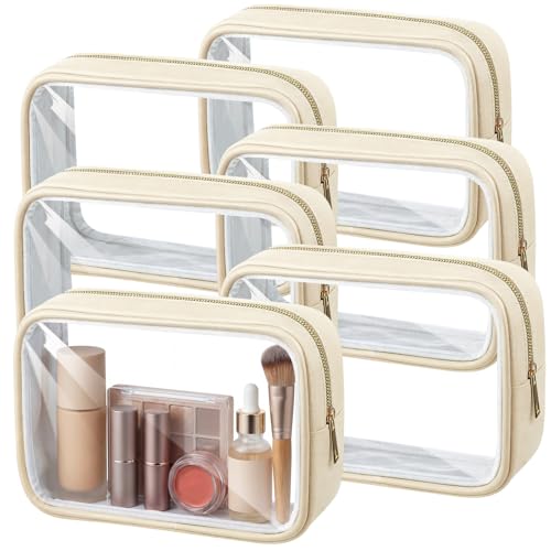 Abbylike 6 Pcs Clear Makeup Bags Bulk PU Leather Cosmetic Pouches Transparent Toiletry Bags with Zipper Waterproof Purse Skincare Car Organizer for Girl Women Travel Gifts(Beige) - color: Beige