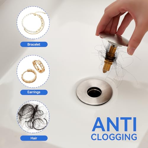 Bathroom Sink Drain Stopper, 2-in-1 Pop Up Sink Drain Stopper Strainer for 1.06"-1.65" Basin Drain Holes, Brass Bounce Core Sink Stopper with Anti-Clogging Hair Catcher - color: Chrome Silver(l)-1p