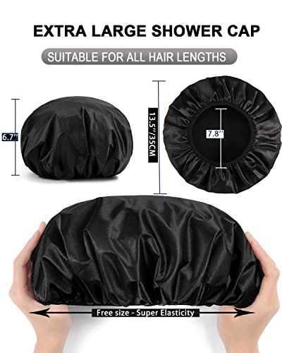 YIZIJIZI Terry Lined Shower Cap, Triple Layer Large Cap for Women, Reusable Waterproof for Long Thick Hair, Black - color: Black