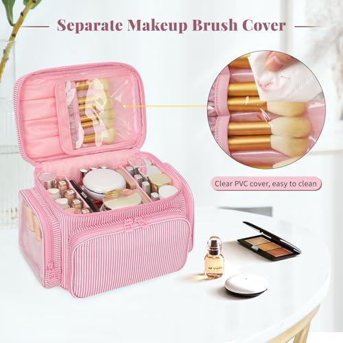 Large Makeup Bag, Portable Travel Makeup Bag Organizer for Women Girls with Makeup Brush Compartment & Two Side Pockets, Cosmetic Travel Bag Vertical Storage Toiletry Bag - Pink Stripe - color: 05-Pink Stripes, size: Medium