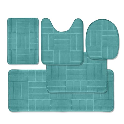 Bathroom Rug Set 5 Piece - Memory Foam Bathroom Mat Set, Soft and Comfortable, Non-Slip Thick Absorbent Bath Mats, Machine Washable, Aqua Teal - color: Aqua Teal/ Line Design