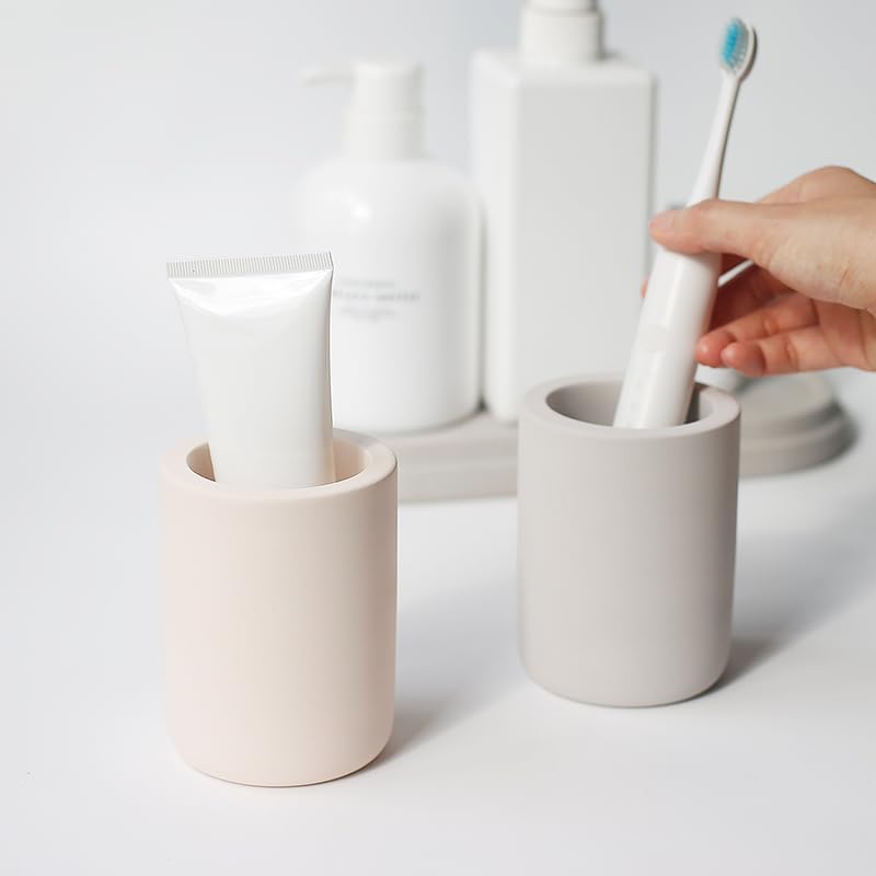 Selegna Diatomite Drying Stone Toothbrush Holder, Modern Ceramic-Look Countertop Cup with Drainage for Bathroom, Quick Drying Electric Toothbrush & Toothpaste Organizer, Stoneware Finish - color: Beige