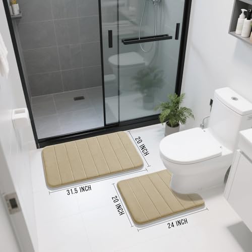 Yimobra Memory Foam Bath Mat Set 2 Piece - Super Soft Absorbent Quick Dry Bathroom Toilet Rugs, Machine Washable Non Slip Floor Carpet for Tub Shower & Single Sink (31.5x20 & 24x20, Pale Khaki) - color: Pale Khaki, size: 31.5x20+24x20 Inch