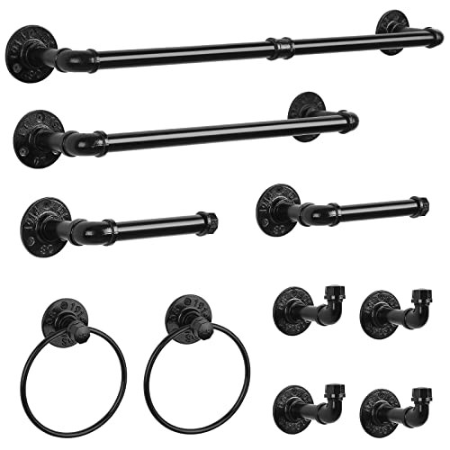 Industrial Bathroom Hardware Set 10 Pieces Bath Towel Bar Set Includes Round Towel Ring Hand Toilet Roll Holders for Wall 18 and 25 inch Towel Rack Robe Towel Hooks Black Bathroom Accessory Towel Kit - size: 10 Pieces