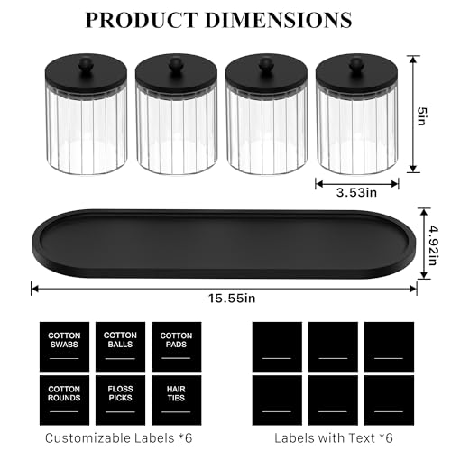 masadi 4 Pack Glass Qtip Holder Set with Tray- Bathroom Countertop Set Organizers, Cotton Round Swab Holder Dispenser Cotton Ball Holder, Apothecary Jars with Lids, Floss Pick Containers - ms Black