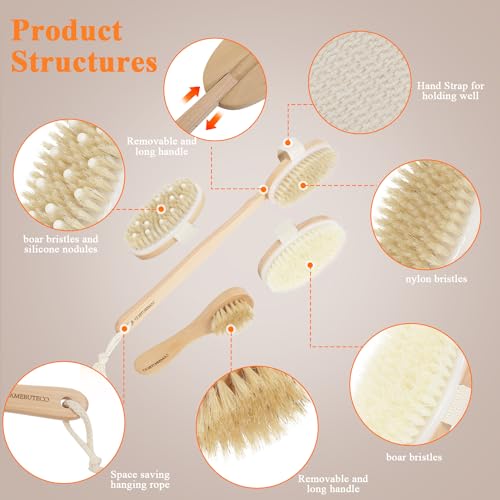 SAMEBUTECO Dry Brushing Body Brush Set with Slide-in Long Handle, 4-in-1 Wooden Bath Scrubber with Face Brush & 3 Interchangeable Heads (Boar Bristle, Soft Washer, Nodal Massager) for Exfoliating