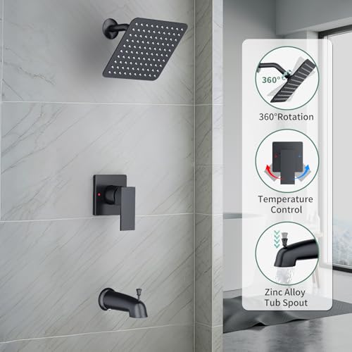 SunCleanse Tub Shower Faucet Set with Pressure Balance Valve, 8-Inch Rain Shower Head and Tub Spout, Single-Handle Shower Trim Kit, Shower Head and Handle Set for Bathroom, Matte Black - color: Matte Black