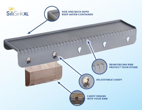 SiliProducts SiliSink XL Silicone Edge Guard for Kitchen Sink - Fits 3.75” - 4” Wide - The Original Silicone Sink Edge Protector with Sponge Caddy - Splash Guard, 20” Gray - color: Gray, size: 4in x 20in