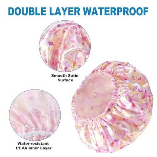 Shower Cap for Women Set of 4, Bath Caps, Double Layers Hair Caps + 2 Satin Hair Scrunchies, Reusable Waterproof Shower Caps, Elastic Hair Cap for Shower - Pattern B - color: Pattern B