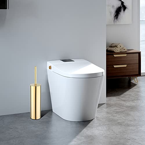 Toilet Brush and Holder Set Gold Stainless Steel, 304 Heavy Duty Round Toilet Brush Set – Rust Resistant, Long Handle, Replacement Heads, Floor Standing Bathroom Toilet Cleaning Brush - color: Gold-round