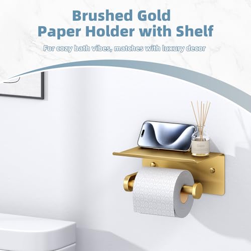 APLusee Brushed Gold Toilet Paper Holder with Shelf, 304 Stainless Steel Wall Mounted Compact Bathroom Tissue Hanger - color: Brushed Gold, size: Single Rod