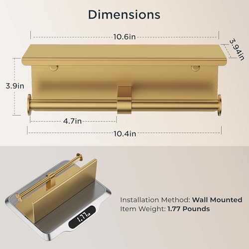 FORIOUS Double Toilet Paper Holder with Shelf, Wall Mount Tissue Roll Holder for Bathroom, 304 Stainless Steel Commercial Toilet Tissue Dispensers with Phone Shelf (1, Brushed Gold) - color: Brushed Gold