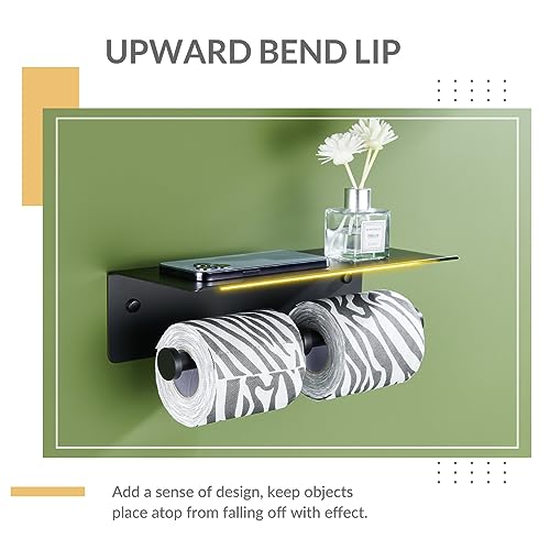Toilet Paper Holder with Phone Shelf, APLusee SUS 304 Stainless Steel Bathroom Tissue Holder, Double Roll Paper Dispenser Wall Mounted, Matte Black - color: Matte Black, size: Double Rod
