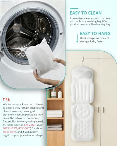 Full Body Bath Pillow for Bathtub, 5D Thick Tub Pillow for Bathtub with 192 Non-Slip Suction Cups, Laundry Bag & Hook, Bathtub Pillow for Head, Neck & Back Support (White, 51"*15") - color: White