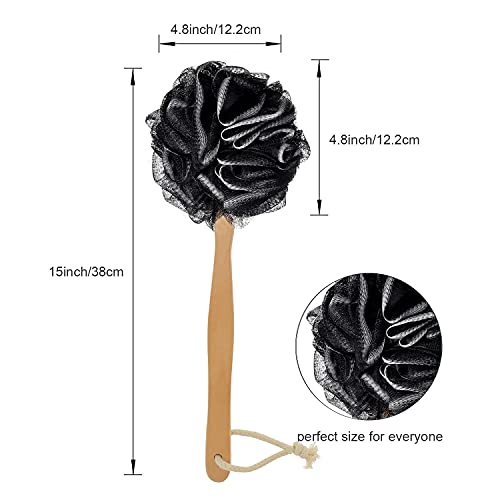 Loofah with Handle - Back Scrubber & Exfoliating Shower Sponge, PE Soft Mesh on a Wooden Stick for Men and Women(Black) - color: Black