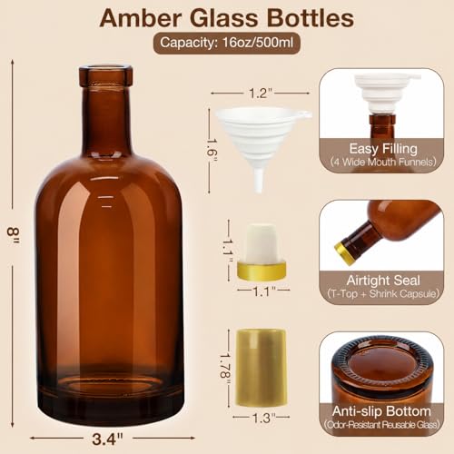 TBWIND 7 Pack 16oz/500ml Amber Glass Bottles with T-Top Corks | Airtight refillable brewing bottles. For kombucha, limoncello, syrups & homemade spirits. Includes funnels & labels - color: 16oz/ 500ml, size: Amber