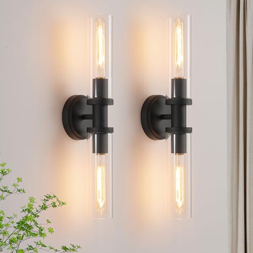 Wall Sconces Set of Two,Matte Black Bathroom Sconces Wall Lighting with Clear Glass, Modern Sconces Wall Decor Set of 2 Wall Light fixtures for Bathroom Mirror Living Room Hallway Bedroom Wall Lamp - color: matte black clear