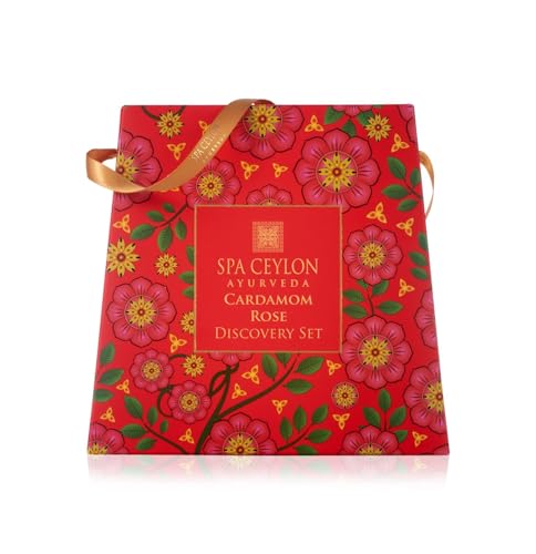 Spa Ceylon Ayurveda Cardamom Rose Discovery Set – 4-Piece Natural Uplifting Spa Gift Set with Himalayan Rose & Organic Ceylon Cardamom - Bath Gel, Body Lotion, Pillow Mist & Scrub