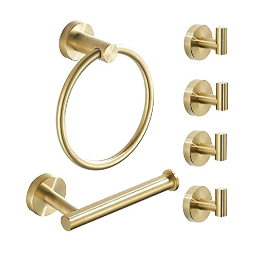 Brushed Gold Bathroom Hardware Set, Gold Toilet Paper Holder Towel Ring and 4 Robe Hooks Hand Towel Holder Bathroom Accessories Kit Wall Mount Stainless Steel, 6 Pieces