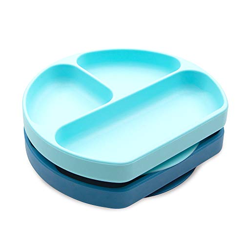 Bumkins Toddler and Baby Suction Plate, Silicone Divided Grip Dish for Babies and Kids, Baby Led Weaning, Children Feeding Supplies, Non Skid Bottom, Platinum Silicone, 6 Mos Up, Blue and Dark Blue - color: F6 Blue, Dk Blue-GD