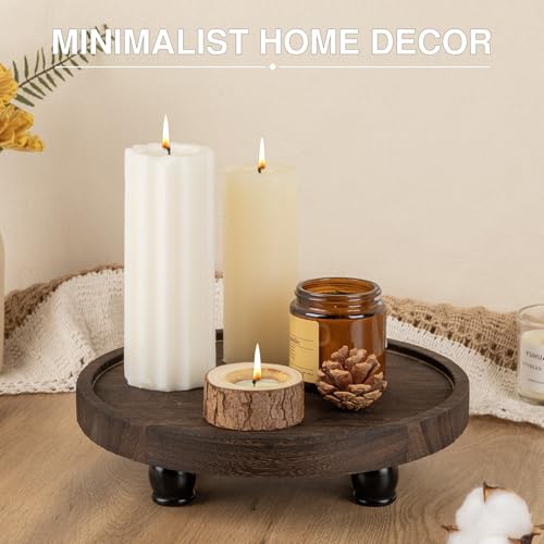Tikea Farmhouse Wood Display Riser, 10 in. Farmhouse Pedestal Stand for Kitchen Bathroom Counter Decor, Round Display Tray for Soap Dispenser and Plant (Brown)
