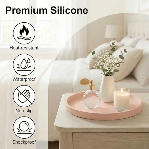 Round Pink Silicone Decorative Bathroom Vanity Tray 9 Inch, Counter Tray for Bathroom Countertop Perfume Holder Dresser Organizer Coffee Table Candle, Non-Slip Durable for Home Use - color: Pink, size: 9.1"
