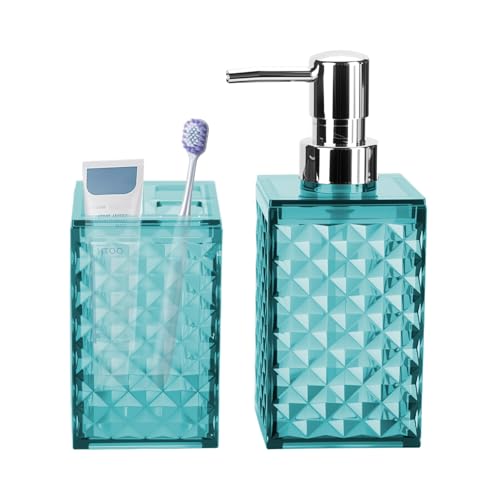 Bathroom Accessories Set 2 PCS, Teal Blue Bathroom Accessories Include Soap Dispenser and Toothbrush Holder, Diamond Pattern Bathroom Set for Boho Bathroom Decor - color: Teal Blue