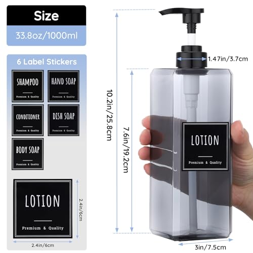 Segbeauty 33.8oz Empty Plastic Soap Dispenser with Labels, 3pcs Large Pump Bottles for Shampoo and Conditioner, 1000ml Gray Refillable Soap Dispenser Bathroom, Sqaure Lotion Pump Bottle Container - color: Gray, style: 3pcs