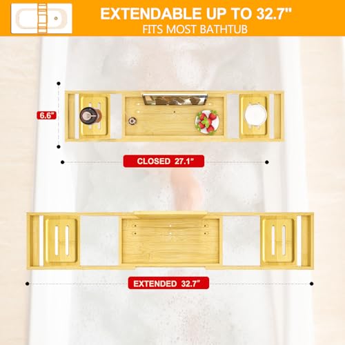 Premium Bathtub Tray - Expandable Bamboo Wooden Bath Trays for Bathub - Bath Tub Table Tray for Bathtub/Tub,Adjustable Size, Fits Most Tubs - color: Bamboo Wood Natural