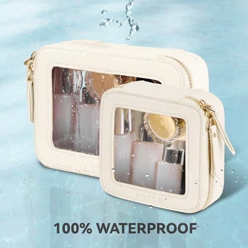 Prite Clear Makeup Bag Set for Women Portable Clear Makeup Bag Cute Waterproof Travel Cosmetic Bag with Gold Zipper for Car Essentials(Beige) - color: Beige, size: Set - Standard and Mini