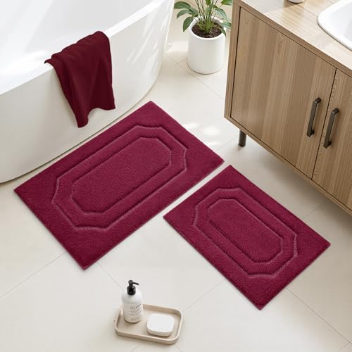 HOMEIDEAS Bathroom Rugs Sets 2 Piece, Extra Soft and Absorbent Microfiber Plush Bath Mat with Non Slip Backing(Burgundy Red) - color: Burgundy Red