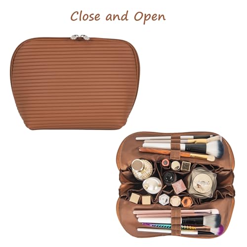 Travel Makeup Bag for Women, Waterproof Stand Up Cosmetic Bag with Brush Holders, Organizer Bag with Compartments, Fold-Down Design for Skincare, Toiletries & Essentials (Brown, Medium) - color: Brown, size: Medium