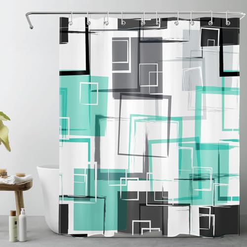 Teal Geometric Shower Curtain with Hooks Mid Century Modern Neutral Geometric Fabric Shower Curtain Modern Design Teal and Grey Pattern Abstract Bathroom Curtains Shower Set, 72Lx60W inches - color: Teal, size: 60"W x 72"L (Pack of 1)