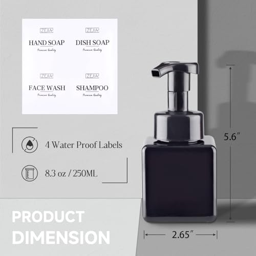 250ML Foaming Soap Dispenser, 2-Pack Plastic Hand Soap Dispenser, Refillable Leakproof Foam Pump Bottle with Waterproof Labels, for Shampoo, Body Wash - color: Black, size: 250ML