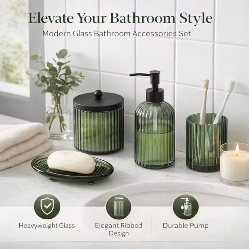4PCs Heavy Weight Decent Glass Bathroom Accessories Set with Decorative Pressed Pattern - Includes Hand Soap Dispenser & Tumbler & Soap Dish & Toothbrush Holder (Green) - color: Green