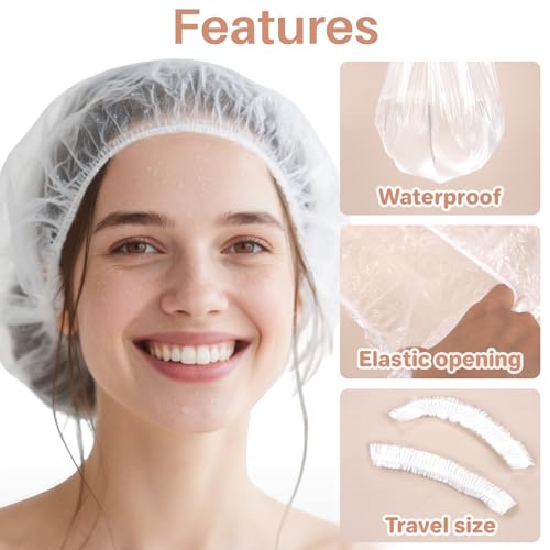 MAQIHAN 200 Disposable Shower Caps for Women - Medium Plastic Hair Caps for Hair Treatment, Clear Shower Cap for Kids Reusable Waterproof, Hair Care Must Have, Travel Essentials (46cm)
