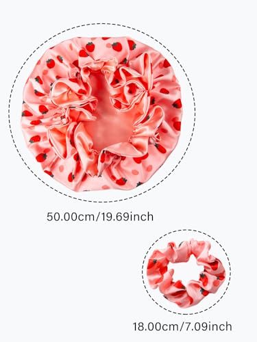 Floral Satin Bonnet with Scrunchie Set,Double Layer Ruffle Reusable Sleeping Shower Cap for Curly Hair Pink-strawberries - color: Pink-strawberries