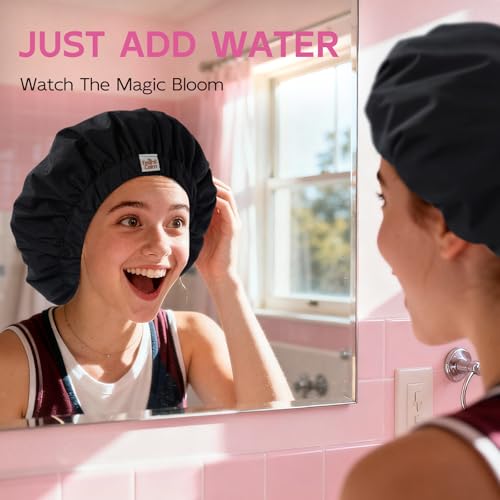 Years Calm Luxury Shower Cap for Women, Color Changing Shower Cap Reusable Waterproof, Flexi Satin Lined, Stylish Hair Cap for Shower, Washable Elastic Band Bath Cap for Long Hair, Braids (Black) - color: Black