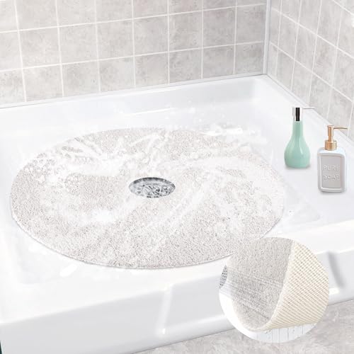 Shower Mat Non Slip, Round Shower Mat for Inside Shower, Non Slip Bathtub Mat, Fast Drying Bath Tub Mats, Loofah Mat for Shower Bathroom, Quick Drying, Resistant (White, 32 x 32 Inch) | Shower Mat for Inside Shower Non Slip Bathtub Mat, Soft Loofah Shower