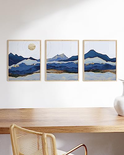 HAUS AND HUES Mountain Wall Art - Set of 3 Blue Decor Nature Art, Modern Landscape Decor, Abstract Posters with Beige Frame, 12x16 - color: Blue Mountain, size: 12"L x 16"W, style: Beige Framed