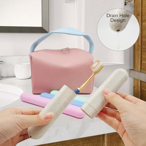 4 Pack Portable Toothbrush Cases, Breathable Plastic Holders and Leather Travel Toiletry Bags, Organizers for Home, Business, Camping（black）