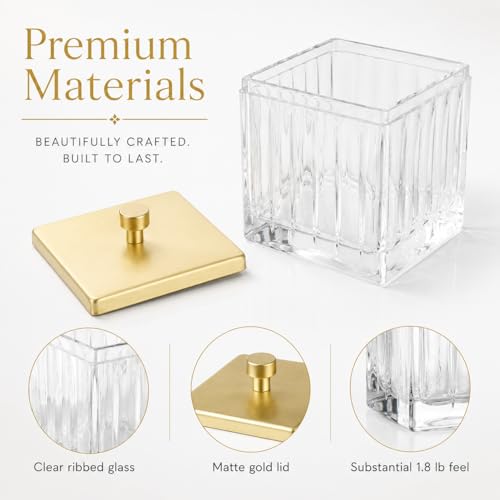 Vince Camuto Home Glass Cotton Jar Holder – Matte Gold Lid, Elegant Bathroom Storage Canister for Qtips, Cotton Balls, Floss, Makeup Organizer, Vanity & Bathroom Organization - color: CLEAR GLASS MATTE GOLD LID