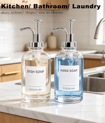 Dish Soap Dispenser for Kitchen, Hand Glass Soap Dispenser Set with Pump, Tray, Funnel for Bathroom, Shower, Laundry, Liquid, Lotion (Silver 2 Pack 18 Oz Clear Bottles with 12 Stickers) - color: Silver, size: 18Oz