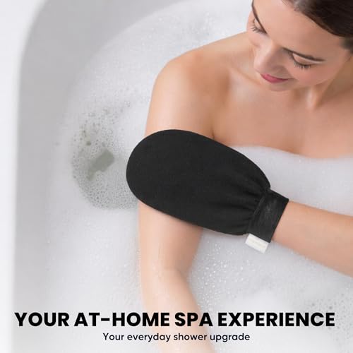 Premium Exfoliating Gloves for Shower 1Pcs, 100% Viscose Deep Exfoliating Body Scrubber, Dead Skin Remover, Washcloth Body Exfoliator Scrubber for Self-Tan Removal, Smooth & Renewed Skin - color: Black