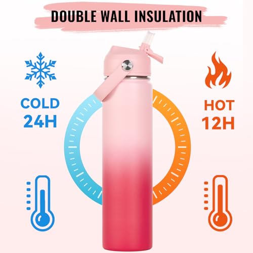 Fijinhom 24oz Insulated Stainless Steel Water Bottle, Wide Mouth Double Wall Vacuum, Silicone Straw, Sweat & Leak Proof, BPA Free Insulated Water Flask for Travel, Keep Cold 24h Hot 12h, Pink Gradient - color: Pink Gradient, size: 24 Ounces