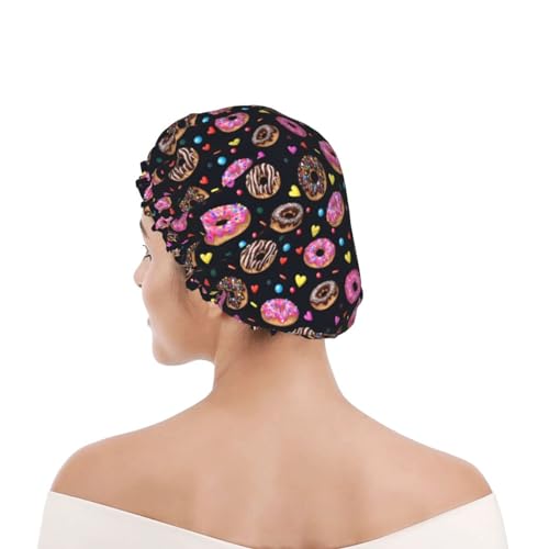 Doughnut Donuts Shower Cap For Women Reusable Waterproof Double Layers Bath Cap Hair Protection Elastic Ladies Spa Salon Shower Hat - color: Doughnut Donuts